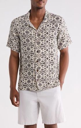 Raga Man Mahendra Short Sleeve Cotton & Silk Blend Button-Up Camp Shirt Shirt in Black/White Multi at Nordstrom Rack, Size Xx-Large