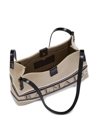 Balmain Canvas and Calfskin Shoulder Bag - Beige