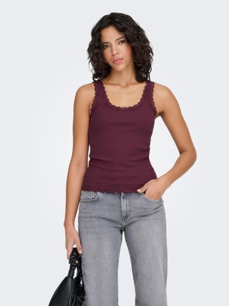 Only Tanktop ONLY ONLSARA - Tanktop mit Spitzendetail am Ausschnitt, Damen, Gr. XS, burgundy, Jersey, Obermaterial: 94% Baumwolle, 6% Elasthan, unifarben, 