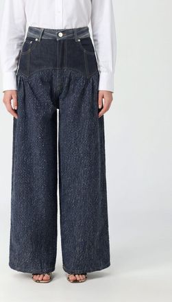Ganni Jeans wide leg in denim di cotone a vita alta con motivo patchwork