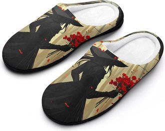 Generic Young Witch Hold Flowers Mens House Slippers Memory Foam Washable Cotton Slip on Home Shoes
