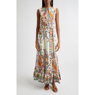 Etro Floral Paisley Belted Cotton Poplin Fit & Flare Dress in Print On White Base at Nordstrom, Size 8 Us