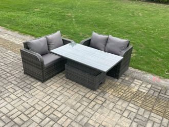 Fimous Outdoor Rattan Furniture Garden Dining Set Height Adjustable Rising lifting Table With Love Sofa Dark Grey Mixed