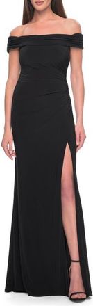 La Femme Off the Shoulder Jersey Dress with Ruching and Slit in Black at Nordstrom, Size 10