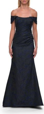 La Femme Off-the-Shoulder Jacquard Evening Gown in Navy at Nordstrom, Size 20