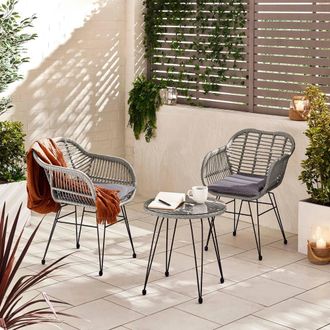 Furniturebox Belize Wicker Style PE Rattan 2 Seat Outdoor Garden Bistro Table & Chairs Set, black metal hairpin legs in Grey