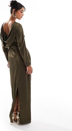 Tfnc Vestito lungo a maniche lunghe in raso verde oliva con scollo ad anello sul retro