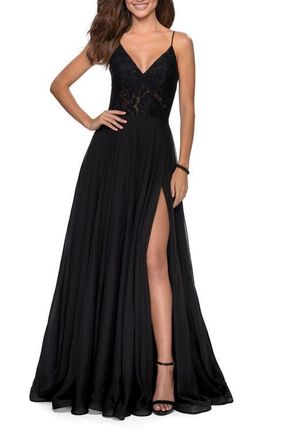 La Femme Chiffon Prom Dress with Sheer Floral Lace Bodice in Black at Nordstrom, Size 8