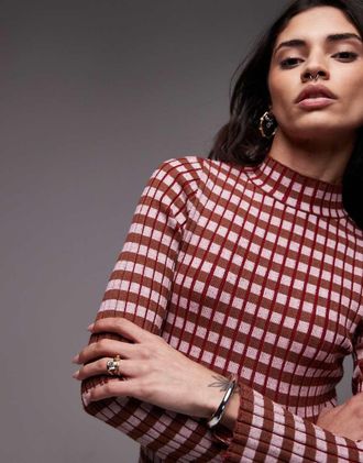 Topshop knit plated checkerboard long sleeve top in multi-Red