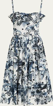 Oscar De La Renta Dotted Palm-Print Ruffle Sleeveless Midi Dress With Belt