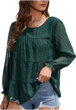 Generic My Orders Ladies Tops UK Clearance Lantern Long Sleeve Round Neck Shirts Solid Color Swiss Dot Chiffon Blouse Elegant Dressy Tunic Shirt Ruffled Loose