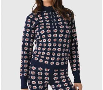 The Great. Merino Quarter Zip Floral Print Top In Blue