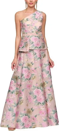 JS Collections Mia One Shoulder Floral Metallic Jacquard Peplum Gown in Blush Multi at Nordstrom, Size 16