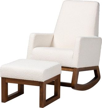 Baxton Studio Yashiya Mid-Century Modern Upholstered 2-Piece Rocking Chair & Ottoman Set
