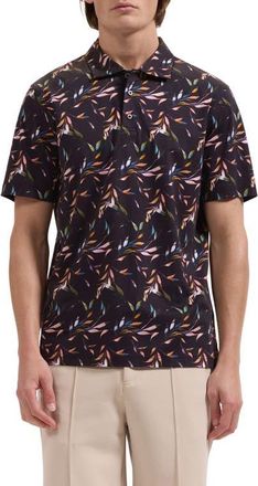 Bugatchi Hendrix Leaf Print Pima Cotton Polo in Black at Nordstrom, Size Xx-Large