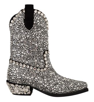 Dolce & Gabbana Dames Zwarte Su&egrave;de Strass Kristallen Cowboylaarzen