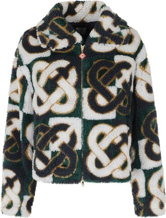 Casablanca White Blue Green Fleece Diamond Logo Zipper Pull Polyester Jacket