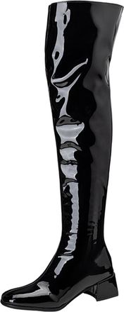 Generic Women Over The Knee Patent PU Leather Boots Square Toe Block Heels Side Zipper Glossy Stretchy Fit Sleek Stylish Comfortable Durable Fashion,Black,3.5