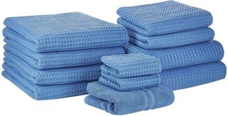 Beliani Conjunto De 11 Toallas Toalla De Ba&ntilde;o Y Alfombrilla De Ba&ntilde;o De Algod&oacute;n Azul Low Twist Para Invitados Areora
