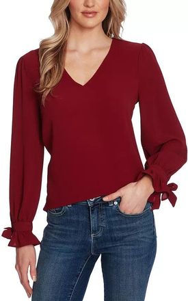 CeCe by Cynthia Steffe Top Womens Claret Red Stretch Ballon Sleeve V-Neck Blouse Party FTS1099