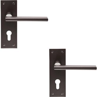 Loops 2x PAIR Straight Bar Handle on Slim Euro Lock Backplate 150 x 50mm Matt Bronze