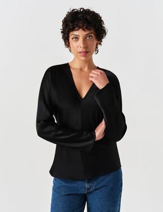 Ghost London Lucille Long Sleeve Satin Top in Black at Nordstrom, Size 16
