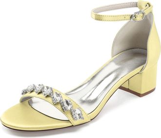 Generic Wedding Shoes Womens Elegant Bridal Low Heel Sandals Comfortable Evening Prom Satin Chunky Heels Shoes 4.5Cm,Yellow,10 UK