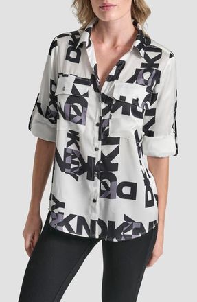 DKNY Roll-Tab Cuff Button-Up Shirt in White/Black at Nordstrom, Size X-Large