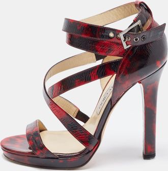 Jimmy Choo London Red/black Leather Criss Cross Ankle Strap Sandals