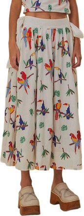 Farm Rio Off-White Stitched Birds Side Bow Midi Skirt