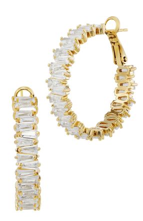 Savvy Cie Jewels 14K GOLD PLATED OVER BRASS WHITE CZ BAGUETTE HOOP EARRINGS
