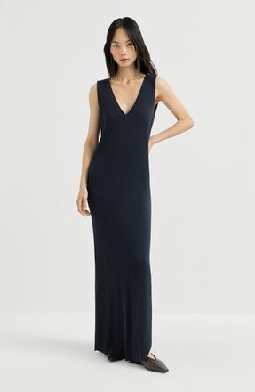 Brunello Cucinelli Cotton rib knit dress with precious strap in Blue at Nordstrom, Size Xx-Small