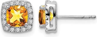 Diamond2Deal 14k White Gold Cushion Citrine and Diamond Halo Stud Earrings