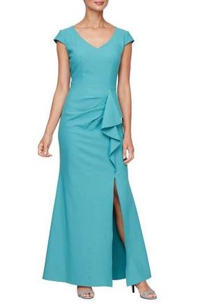 Alex Evenings Contour Collection Side Ruffle V-Neck Gown in Teal at Nordstrom Rack, Size 8