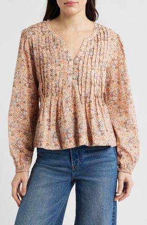 Lucky Brand Floral Print Pintuck Cotton Top in Pink Floral at Nordstrom, Size Xx-Large