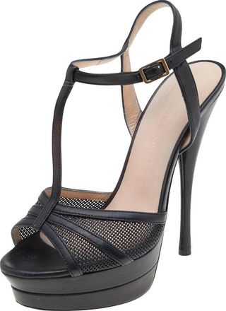 Versace Black Leather T-Strap Platform Sandals