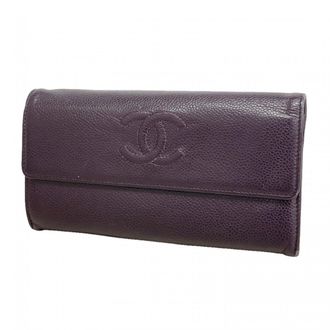 Chanel Purple Grained Calfskin Long Wallet (Bi-Fold) (Pre-Owned)