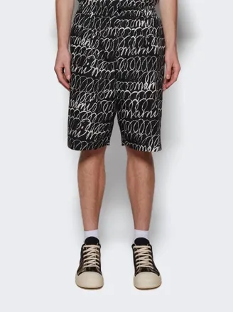 Marni Scribbled Popeline Drawstring Shorts In Black