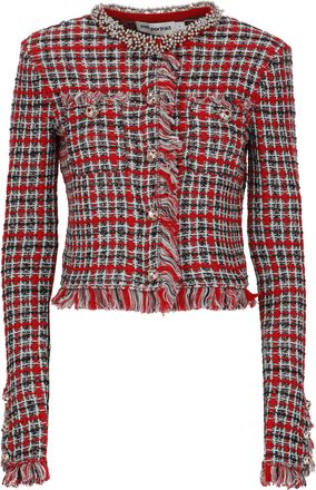 Self Portrait Vibrant Checkered Jacket With Fringed Edges And Jeweled Accents