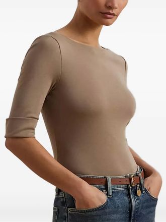 Lauren Ralph Lauren boat-neck T-shirt - women - Cotton/Elastane - L - Brown
