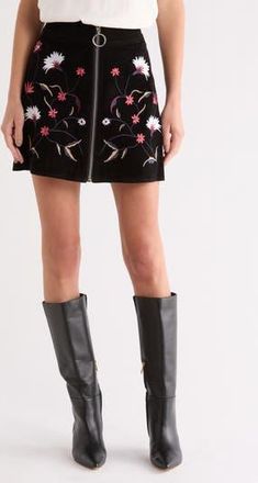 Matty M Floral Embroidered Suede Miniskirt in Black at Nordstrom Rack, Size 10