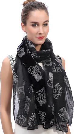 Lina & Lily Vintage Camera Print Womens Scarf Shawl Wrap Lightweight (Black)