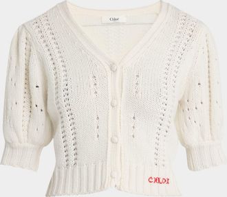 Chloé Wool & Cashmere Cropped Puff-Sleeve Cardigan