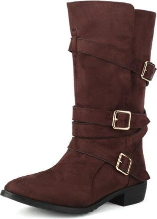 Generic Womens Pointed Toe Low Heels Western Cowgirl Boots Mid Calf Pull On with Buckle Straps Winter Casual Dress Shoes (5.5,Coffee)