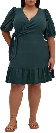City Chic Katelyn Puff Sleeve Faux Wrap Dress in Emerald at Nordstrom Rack, Size Xxl/24W