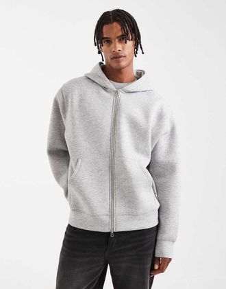Jack & Jones Felpa oversize in tessuto effetto scuba color grigio m&eacute;lange con cappuccio e doppia zip