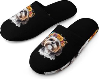 Generic Cute Shih Tzu Dog Mens Cozy House Slippers Winter Warm Shoes with Anti-Slip Sole for Travel Indoor Outdoor