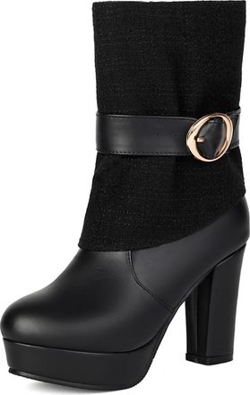 Generic Womens Ankle Boots Tweed PU Round Toe Metal Buckle Platform Chunky Heel Comfortable Non Slip Wear Resistant Daily Commute Casual Outings Date Nights S