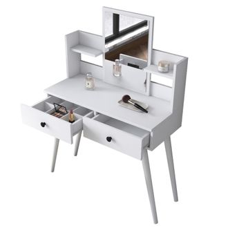 Dmora Tocador Longhena, Mueble De Maquillaje Con Espejo, 2 Cajones, Estructura Negra, 103x40x112h Cm Blanco