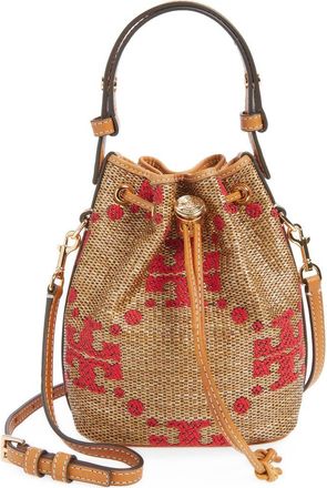 Tory Burch Mini T Monogram Straw Bucket Bag in Natural at Nordstrom